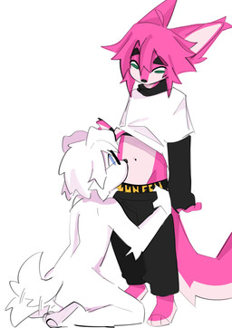 anthro duo eyewear fur glasses hair kneeling male male/male multicolored_body multicolored_fur navel pink_body pink_fur pink_hair simple_background tail visible_underwear wearing_glasses white_background white_body white_fur kunfen canid canine canis fox mammal wolf hi_res