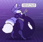 2019 anthro big_butt blue_body blue_fur bodysuit boots breasts butt canid canine clothing english_text female footwear fox fur hi_res high_heeled_boots high_heels hyper hyper_pregnancy krystal_(star_fox) mammal nintendo pregnant pregnant_anthro pregnant_female rear_view skinsuit slightly_chubby solo star_fox stunnerpony tail tearing_clothing text tight_clothing torn_clothing