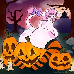 accessory ambiguous_feral ambiguous_gender anthro bangs bent_leg big_breasts big_butt black_stripes bow_ribbon breasts butt candle clothing collar eyebrow_through_hair eyebrows eyelashes facial_piercing female female_anthro feral fire flying fog footwear fur fur_markings furgonomics glowing glowing_body group hair half-closed_eyes heart_(marking) holidays horn huge_butt jack-o'-lantern light lit_candle looking_at_viewer looking_back looking_back_at_viewer mansion markings moon mostly_nude_anthro mostly_nude_female multicolored_body multicolored_fur musk musk_cloud narrowed_eyes night nose_piercing nose_ring orange_clothing orange_footwear orange_knee_socks orange_socks outside piercing pink_hair pink_markings pink_nose pink_tail pink_tail_tuft plant purple_bow purple_collar purple_eyebrows purple_eyes purple_sky purple_stripes ribbons ring_piercing rock short_hair short_horn sitting_on_jack-o'-lantern sitting_on_object sky small_horn smile smiling_at_viewer socks solo_focus striped_knee_socks stripes tail tail_accessory tail_bow tail_ribbon tail_tuft text thick_thighs translucent translucent_hair tree tuft two_tone_knee_socks two_tone_tail white_horn ractoons halloween sweet_cream_(cowtail) bat bovid bovine cattle mammal 1:1 2024 artist_name colored digital_drawing_(artwork) digital_media_(artwork) english_description lighting