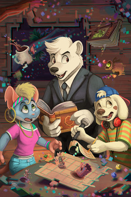 anthro blonde_hair blue_hair brown_eyes clothed clothing female female_anthro floppy_ears fur glistening glistening_eyes green_eyes group hair inside logo male male_anthro open_mouth open_smile orange_eyes smile standing tabletop_game trio white_body white_fur white_hair young young_anthro young_female young_male pandapaco bear canid canine canis domestic_dog mammal mouse murid murine rodent 2:3 artist_logo hi_res signature