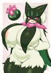 anthro areola areola_slip belly big_breasts biped blush blush_lines breast_curtains breasts curvy_figure cute_fangs eyelashes fangs female female_anthro front_view fur genitals green_body green_fur hand_on_breast holding_breast huge_breasts innie_pussy looking_at_viewer mask navel open_mouth open_smile pink_areola pink_eyes pussy slightly_chubby slightly_chubby_anthro slightly_chubby_female smile solo standing teeth thick_thighs voluptuous wide_hips tailzkim nintendo pokemon generation_9_pokemon meowscarada pokemon_(species) 2025 absurd_res colored hi_res portrait shaded three-quarter_portrait