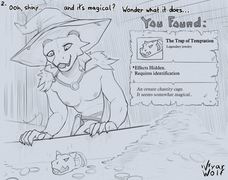 anthro belt book chastity_cage chastity_device cloak cloak_only clothing coin description dialogue dungeon gameplay_mechanics gold_(metal) gold_coin hat headgear headwear horn low-angle_view magic magic_user male pillar solo sparkles spellbook standing text wizard_hat vyarwolf dungeons_and_dragons hasbro wizards_of_the_coast red_(red_bold_dragon) kobold scalie english_text hi_res story story_in_description