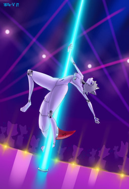 anthro audience breasts butt dancing female grey_hair group hair looking_at_viewer machine neon_lights nipples nude nude_in_front_of_audience pole pole_dancing pose public public_nudity solo_focus stripper stripper_pole thick_thighs wide_hips 10ne-v alexa_(10ne-v) canid canine fox living_machine mammal robot absurd_res hi_res