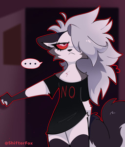 anthro bed_hair black_body black_fur clothed clothing ellipsis eye_roll female female_anthro fingerless_gloves flat_chested fur gloves grey_body grey_fur grey_hair groggy hair hair_over_eye handwear legwear long_hair messy_hair off_shoulder outline red_outline red_sclera shirt solo t-shirt text text_on_clothing text_on_shirt text_on_topwear thigh_highs topwear waking_up white_body white_eyes white_fur shifterfox hellaverse helluva_boss mythology loona_(helluva_boss) canid canid_demon canine demon hellhound mammal mythological_canine mythological_creature 2026 artist_name digital_media_(artwork) hi_res portrait three-quarter_portrait