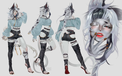 blush claws clothing colored_nails digitigrade exposed_belly eyes_closed female finger_claws fishnet_clothing fishnet_legwear front_view fur hair inner_ear_fluff leggings legwear lips lipstick makeup multicolored_eyes multicolored_hair multiple_poses nails ponytail pose rear_view shirt side_view simple_background smile smirk solo tail teeth toe_claws topwear tuft white_body white_fur white_skin kiguri animal_humanoid felid felid_humanoid feline feline_humanoid humanoid mammal mammal_humanoid tailed_humanoid absurd_res hi_res