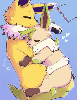 ambiguous/ambiguous ambiguous_gender black_paws brown_body brown_fur claws cuddling duo eyes_closed eyewear feral fur leaf sleeping sound_effects sunglasses vowelless vowelless_sound_effect white_body white_fur yellow_body yellow_fur zzz gabileafy nintendo pokemon cookie_jolt_(character) eeveelution generation_1_pokemon generation_4_pokemon jolteon leafeon pokemon_(species) hi_res