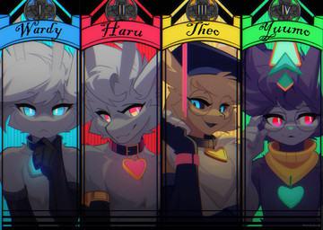 anthro blue_eyes collar eyewear femboy glasses graduation_cap group heart_pendant pink_eyes round_glasses scarf warden006 bandai_namco digimon microsoft ori_(series) xbox_game_studios battle_principal_yuumi haru_(warden006) principal_yuumo_(warden006) theo_(warden006) wardy digimon_(species) domestic_cat felid feline felis guardian_spirit mammal renamon