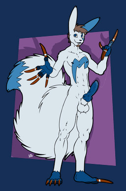 animal_genitalia animal_penis anthro balls blue_body blue_fur brown_hair canine_genitalia canine_penis claws erection facial_hair fur genitals hair knot long_claws long_nails male open_mouth pawpads paws penis sheath simple_background smile solo tail vein white_body white_fur longblueclaw 2015 alpha_channel digital_media_(artwork) full-length_portrait hi_res portrait