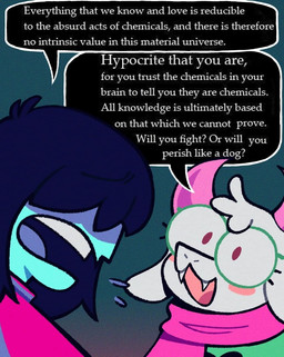 ambiguous_gender anthro blue_body blue_hair blue_skin blush blush_stickers clothing duo eyelashes eyewear femboy fur glasses hair hair_over_eyes horn looking_at_another male open_mouth parody pink_horn purple_eyes robe scarf simple_background speech_bubble text white_body white_fur white_hair comadreja deltarune undertale undertale_(series) kris_dreemurr ralsei bovid caprine darkner goat human mammal english_text hi_res meme