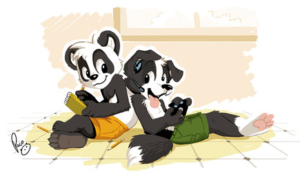 anthro black_body black_fur black_nose bottomwear closed_smile clothed clothing controller duo fur glistening glistening_eyes glistening_nose green_bottomwear green_clothing green_shorts holding_controller holding_notebook holding_object holding_pencil inside logo male mouth_closed open_mouth open_smile orange_bottomwear orange_clothing orange_shorts pawpads pencil_(object) pink_pawpads shorts side_view sitting smile topless white_body white_fur young young_anthro young_male pandapaco parinton roni_(imroni) bear border_collie canid canine canis collie domestic_dog giant_panda herding_dog mammal pastoral_dog sheepdog artist_logo signature