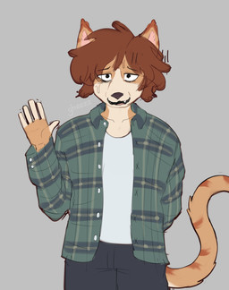 anthro bodily_fluids bottomwear clothed clothing denim denim_bottomwear denim_clothing flannel fur green_clothing green_jacket green_topwear greeting hair jacket jeans looking_at_viewer male markings multicolored_body multicolored_fur nervous nervous_smile nervous_sweat orange_body orange_fur pants red_hair red_markings shirt simple_background smile solo sweat tail topwear white_clothing white_shirt white_topwear gheezz jacob_(gheezz) domestic_cat felid feline felis mammal absurd_res hi_res sketch