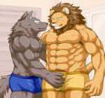 abs anthro armpit_hair biceps body_hair bulge clothed clothing duo fur male muscular muscular_male pecs topless wildheit canid canine canis felid lion mammal pantherine wolf digital_media_(artwork)