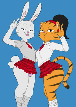 alternate_costume anthro bedroom_eyes bent_arm biped blush blush_lines bottom_heavy bottomwear breasts buckteeth bulge button_(fastener) checkered checkered_bottomwear checkered_clothing checkered_skirt clothed clothed_anthro clothed_female clothed_male clothing collared_shirt crossdressing curved_eyebrows dark_stripes dress_shirt duo eyebrows eyelashes facial_markings female femboy footwear fully_clothed fully_clothed_anthro fully_clothed_female fully_clothed_male fur gesture hair half-closed_eyes hand_gesture head_markings iris knee_highs knee_socks legwear long_ears long_eyelashes looking_at_viewer male male/female markings medium_breasts miniskirt narrowed_eyes necktie no_pupils open_mouth open_smile panties pattern_bottomwear pattern_clothing pattern_skirt ponytail pose school_uniform scut_tail seductive shirt short_hair short_tail side_view skimpy skirt smile smiling_at_viewer snout socks standing striped_body striped_face striped_fur striped_legs striped_markings striped_tail stripes tail tail_markings teeth thick_thighs thin_eyebrows tongue tongue_out topwear underwear uniform v_sign whiskers win-victory-love dbaru third-party_edit kevin_and_kell lin_lee wendell_kindle felid lagomorph leporid mammal pantherine rabbit tiger 2024 black_and_white colored digital_drawing_(artwork) digital_media_(artwork) hi_res monochrome portrait sketch three-quarter_portrait