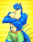 anthro boxer_briefs bulge clothed clothing crossed_arms detailed_bulge erection erection_under_clothing genital_outline looking_at_viewer male muscular muscular_anthro muscular_male penis_outline smile solo standing tail underwear vallhound striker_(rm98) scalie hi_res