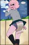 abdl black_sclera blush bottomwear clothed clothing diaper diaper_fetish embarrassed female footwear hair horn humiliation legwear open_mouth pink_body pink_hair school school_uniform shoes skirt soiled_diaper solo speech_bubble standing stockings teeth text unclean_diaper uniform used_diaper wearing_diaper yellow_eyes my_hero_academia ashido_mina human humanoid mammal