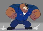 anthro black_nose bottomwear brown_body clothing hat headgear headwear humanoid_hands male musclegut muscular pants police police_hat police_officer police_uniform shirt solo topwear uniform bowsarthekoopa brok_the_investigator cowcat_games r.j._(brok_the_investigator) bear mammal 2023 hi_res