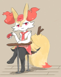 3_fingers 3_toes :3 accessory ambiguous_anthro ambiguous_gender anthro apron arm_tuft big_tail biped black_body black_fur cheek_tuft chest_tuft clothing coffee_cup container crossed_legs cup dipstick_tail facial_tuft feet fingers front_view fur furniture hat headgear headwear hip_tuft holding_container holding_cup holding_object inner_ear_fluff inside kerchief looking_at_viewer markings mostly_nude_ambiguous mostly_nude_anthro multicolored_body multicolored_fur neckerchief neckwear object_in_tail orange_body orange_fur orange_inner_ear_fluff orange_nose orange_tail_tip pointy_ears pokeball pokeball_apron pokeball_clothing pokeball_coffee_cup pokeball_cup pokeball_kerchief pokeball_neckerchief pokeball_neckwear pokeball_symbol prick_ears red_apron red_clothing red_eyes red_hat red_headwear red_kerchief red_neckerchief shoulder_tuft simple_background sitting solo stick stick_in_tail stool table tail tail_markings tan_background toes tuft two_tone_tail white_body white_fur yellow_body yellow_fur yellow_tail sanchimpo nintendo pokemon pokemon_cafe_remix braixen canid generation_6_pokemon mammal pokemon_(species) 2022 4:5 absurd_res colored digital_drawing_(artwork) digital_media_(artwork) full-length_portrait hi_res portrait shaded