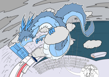 blue_body blue_scales claws cloud female fur horn kemono raining scales sky tail mttbsmn mythology dragon eastern_dragon mythological_creature mythological_scalie reptile scalie absurd_res hi_res