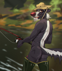 anthro backsack balls beard body_hair butt butt_hair casual_nudity clothing elderly elderly_anthro elderly_male eyewear facial_hair fishing fishing_rod footwear fur galoshes genitals glasses hat headgear headwear holding_fishing_rod holding_object lake looking_at_viewer looking_back male nature_background nude open_mouth outdoor_nudity outside penis plant round_glasses smile solo standing tail teeth tree water wearing_glasses concupisco sylvester_(concupisco) mammal mephitid skunk digital_media_(artwork)