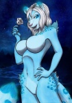 2013 anthro biped blue_body blue_eyes blue_fur blue_theme breasts felid female flower fur genitals hair hand_on_hip hi_res holding_flower holding_object looking_at_viewer mammal night nude plant pussy rose_(flower) solo standing tongue tongue_out vani-fox white_hair