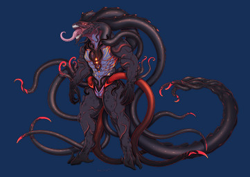 3_toes 4_eyes anthro arm_tentacle black_body black_scales black_skin black_tentacles bodily_fluids claws featureless_crotch feet glowing glowing_eyes glowing_markings head_tentacle long_tentacles long_tongue male markings multi_eye muscular muscular_anthro muscular_male open_mouth pseudo_hair purple_body purple_skin red_eyes red_spikes red_tentacles saliva saliva_on_tongue scales sharp_teeth solo spiked_tentacles spikes spikes_(anatomy) teeth tentacle_hair tentacles toes tongue akuma_tlt fan_character alien eldritch_abomination eldritch_being monster tentacle_creature alpha_channel hi_res story story_in_description