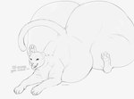 ambiguous_gender belly big_belly big_butt butt feral huge_butt hyper hyper_butt looking_at_viewer lying on_front open_mouth pawpads simple_background solo tail text tongue tongue_out vore roobin felid mammal artist_name english_text hi_res monochrome