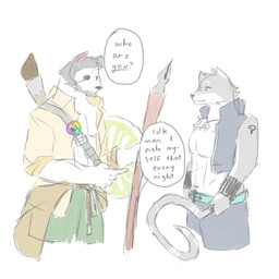 anthro bare_breasts belt bottomwear bracelet brush clothing coat duo eye_patch eyewear fur grey_body grey_fur grey_hair hair holding_object holding_weapon jewelry male melee_weapon multicolored_body multicolored_fur muscular necklace pecs pen_(object) polearm shield shirt shorts snout spear speech_bubble sword tattoo text topwear two_tone_body two_tone_fur weapon white_body white_fur w0lfi unnamed_character canid canine canis mammal wolf 1:1 colored_sketch english_text hi_res sketch