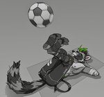 anthro arm_wraps ball barefoot clothed clothing feet foot_wraps full_foot_pawpads green_hair grey_background hair male muscular muscular_male pawpads paws simple_background soccer_ball solo tail toes topless wraps redsummer procyon_(redsummer) mammal procyonid raccoon greyscale monochrome