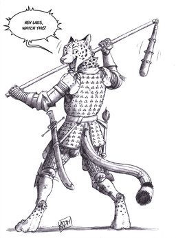 anthro armor barefoot biped brigandine clothing couter cuisse digitigrade fangs feet flail furgonomics gauntlets gloves handwear mace male male_anthro melee_weapon messer_(sword) open_mouth open_smile pauldron paws poleyn rerebrace smile solo standing tail_armor teeth text vambrace weapon 0laffson enorach_(0laffson) cheetah felid feline mammal 2025 english_text hi_res traditional_media_(artwork)