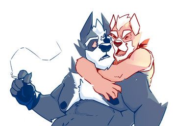 anthro anthro_on_anthro arm_tuft belly big_belly black_clothing black_gloves black_handwear black_nipples cigarette clothing duo elbow_tuft eyes_closed fangs fur gloves grey_body grey_fur hair handwear head_tuft holding_cigarette holding_object hug hugging_another hugging_from_behind kerchief male male/male moobs neckerchief neckwear nipples nude open_mouth open_smile orange_body orange_fur overweight overweight_anthro overweight_male red_kerchief red_neckerchief short_hair shoulder_tuft simple_background smile teeth tuft white_background white_body white_fur white_hair chocolateandmilk nintendo star_fox fox_mccloud wolf_o'donnell canid canine canis fox mammal wolf
