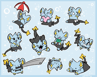 ambiguous_gender angry black_body black_eyes black_fur blue_body blue_fur blush cute_fangs dessert dot_eyes eating_ice_cream fangs feral food fur hand_on_face holding_heart holding_melee_weapon holding_object holding_sword holding_umbrella holding_weapon ice_cream ice_cream_cone lying melee_weapon multiple_expressions multiple_poses no_pupils object_in_mouth on_front parasol pose simple_eyes sitting smile smirk smug solo surprised sword sword_in_mouth teeth tissue_box umbrella upside_down weapon weapon_in_mouth white_eyes yellow_body yellow_fur yellow_inner_ear raydowi nintendo pokemon generation_4_pokemon pokemon_(species) shinx hi_res