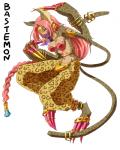 breasts claws clothing female gloves hair handwear jewelry looking_at_viewer pink_hair ponytail solo tattoo text thick_thighs veil yellow_eyes unknown_artist bandai_namco digimon beastmon digimon_(species) felid humanoid mammal 4:5 english_text