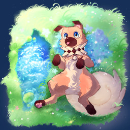 ambiguous_gender blue_eyes brown_body brown_fur collar feral flower fur grass paws plant solo tail water white_body white_fur axels nintendo pokemon kian_(kianyemao) generation_7_pokemon pokemon_(species) rockruff 1:1 alpha_channel hi_res