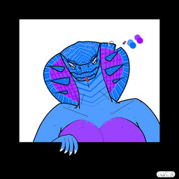 4_eyes anthro blue_body blue_markings border breasts color_swatch colored_nails countershade_breasts countershading female forked_tongue front_view furgonomic_piercing furgonomics looking_at_viewer markings multi_eye nails neck_markings notched_hood nude outside_border piercing red_tongue snake_hood snake_hood_piercing solo spikes spikes_(anatomy) tongue tongue_out white_nails reptile scalie snake 1:1 blue_theme bust_portrait digital_media_(artwork) portrait