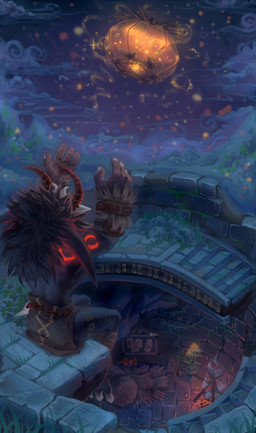black_body bottomwear campfire clothed clothing cloud fire flower glowing glowing_tattoo grass hay horn lamp lantern loincloth male mane night plant plant_pot sky sky_lantern solo stairs tattoo thorns genshin_impact mihoyo hilichurl humanoid mitachurl hi_res