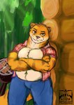 anthro belly_overhang biceps bottomwear chest_fur chest_tuft clothed clothing crossed_arms denim denim_bottomwear denim_clothing digital_drawing_(artwork) digital_media_(artwork) disappointed flannel_shirt forest fur grilling jeans log_cabin male malle_yeno mammal musclegut muscular muscular_male mustelid open_clothing open_shirt open_topwear otter pants pecs plant shirt striped_body striped_fur stripes topwear tree tuft