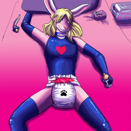 ageplay anthro baby_bottle baby_powder bed clean_diaper clothed clothing collar diaper femboy folded_diaper furniture gloves hair handwear infantilism latex legwear looking_at_viewer lying male pacifier pacifier_necklace pillow roleplay solo stockings wearing_diaper jimmyrumshot rael_bunni_(character) lagomorph leporid mammal rabbit 1:1