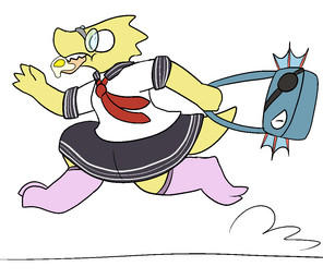 anthro bottomwear bread clothed clothing eat_and_run eyewear female food footwear fried_egg fully_clothed glasses holding_bag legwear neckwear overbite running school_uniform sharp_teeth shirt simple_background skirt socks solo tail teeth thick_tail toast toast_of_tardiness topwear uniform wide_eyed trout_(artist) undertale undertale_(series) alphys undyne reptile scalie aliasing digital_media_(artwork) flat_colors