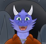 anthro blue_body cave clothing female front_view gaping_mouth horn leather leather_clothing leather_topwear looking_at_viewer open_mouth sharp_teeth smile solo teeth topwear uvula bennybug loskra kobold scalie 2023 bust_portrait digital_media_(artwork) hi_res portrait signature