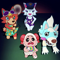 :d anthro chasing clothing contrast crazy_eyes cuff_(restraint) danger darkness dress eyewear eyewear_on_head female feral group handcuffs horizon makeup male metal_cuffs net pineapple_pattern purple_clothing purple_dress restraints running running_towards_viewer scared sharp_teeth smile strutting sunglasses sunglasses_on_head sunrise sunset teeth tongue tongue_out wearing_sunglasses simski animal_crossing nintendo audie_(animal_crossing) dom_(animal_crossing) skye_(animal_crossing) whitney_(animal_crossing) bovid canid canine canis caprine fox mammal sheep wolf 1:1 animated loop no_sound short_playtime video