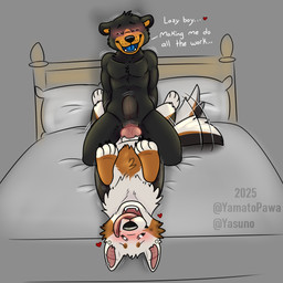 abdominal_bulge andromorph andromorph/male andromorph_penetrated animal_genitalia animal_penis anthro anthro_on_feral anthro_penetrated bed bestiality blush canine_genitalia canine_penis clitoris cowgirl_position duo erection feral feral_penetrating feral_penetrating_anthro from_front_position furniture genitals humanoid_genitalia humanoid_vulva intersex intersex/male intersex_penetrated interspecies knot knotted_penis male male_penetrating male_penetrating_andromorph male_penetrating_intersex on_bottom on_top penetration penile penile_penetration penis sex speech_bubble tail tail_motion tailwag vaginal vaginal_penetration vulva yamatopawa yasuno dog_(yasuno) yamato_burr bear bernese_mountain_dog canid canine canis domestic_dog mammal molosser mountain_dog swiss_mountain_dog 1:1 absurd_res hi_res