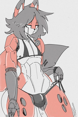 anthro bikini bikini_bottom bikini_top black_hair clothed clothing crossdressing expressionless femboy genitals hair machine male micro_bikini penis slim small_penis solo string_bikini swimwear two-piece_swimsuit dirtyscoundrel ir_(dirtyscoundrel) android canid canine fox humanoid mammal robot robot_humanoid hi_res signature sketch