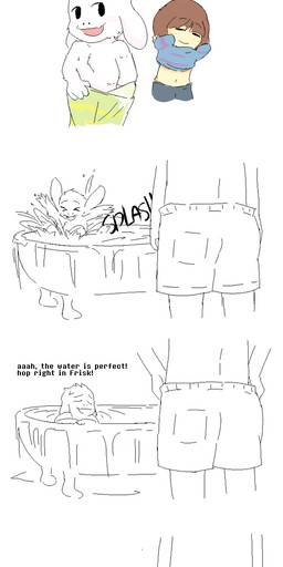 anthro bath brown_hair butt clothing female fur hair long_ears male nude text wet white_body white_fur caribun undertale undertale_(series) asriel_dreemurr frisk_(undertale) boss_monster_(undertale) bovid caprine goat human mammal 2015 comic english_text hi_res monochrome