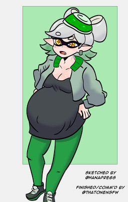 belly big_belly black_clothing black_footwear black_shirt black_shoes black_topwear border bottomwear breasts clothing ear_piercing eyebrows female footwear green_background green_bottomwear green_clothing green_hat green_headwear green_pants grey_clothing grey_eyebrows grey_hair grey_jacket grey_topwear hair hand_on_hip hand_on_own_hip hat headgear headwear humanoid_pointy_ears jacket looking_at_viewer markings mole_(marking) navel navel_outline open_mouth pants piercing pointy_ears pregnant pregnant_female pregnant_humanoid pseudo_hair red_mouth red_tongue sharp_teeth shirt shoes simple_background snaggle_tooth solo tan_body tan_ears tan_skin teeth tentacle_hair tentacles text three-quarter_view tongue topwear white_border yellow_eyes hanapregs solarones nintendo splatoon marie_(splatoon) animal_humanoid aquatic aquatic_humanoid cephalopod cephalopod_humanoid humanoid inkling mollusk mollusk_humanoid 2025 absurd_res artist_name colored digital_media_(artwork) english_text hi_res shaded