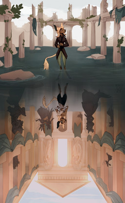 anthro blonde_hair brown_body brown_fur castle clothed clothing column dress fur hair male ruins silhouette solo temple water young purpleshifter canid canine equid hybrid mammal hi_res