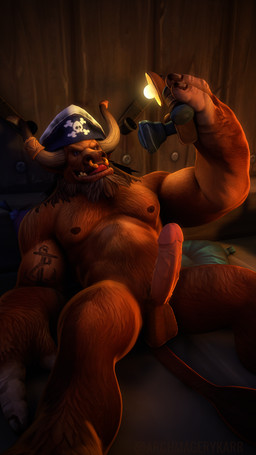 anthro arm_tattoo balls biceps brown_body brown_fur camera erection facial_hair facial_piercing fur genitals high-angle_view horn horn_jewelry humanoid_genitalia humanoid_penis jewelry licking licking_lips looking_at_viewer lying male nipples nose_piercing nose_ring nude on_back pecs penis piercing pirate pirate_hat purple_eyes ring_piercing selfie smile smiling_at_viewer smirk smirking_at_viewer solo spread_legs spreading tail taking_picture tattoo tongue tongue_out archmage-rykarr blizzard_entertainment warcraft bovid bovine mammal tauren 2020 3d_(artwork) 4k 9:16 absurd_res digital_media_(artwork) hi_res watermark