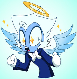 blue_body blue_hair blue_skin bow_tie cartoon_freckles feathered_wings feathers freckled_face freckles hair halo male solo sparkles sparkling_eyes wings emositecc hellaverse helluva_boss moxxie_(helluva_boss) angel angel_humanoid humanoid colored unavailable_at_source
