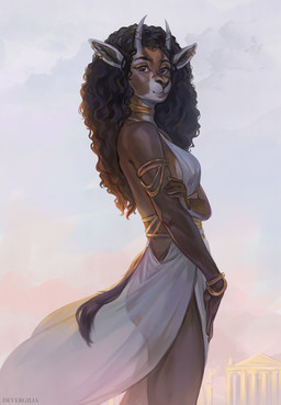 anthro black_body black_hair breasts clothing dress female gold_(metal) gold_jewelry hair horn jewelry looking_at_another looking_at_viewer outside side_view smile solo tail temple white_clothing white_dress devergilia antelope bovid gazelle mammal 2024 hi_res
