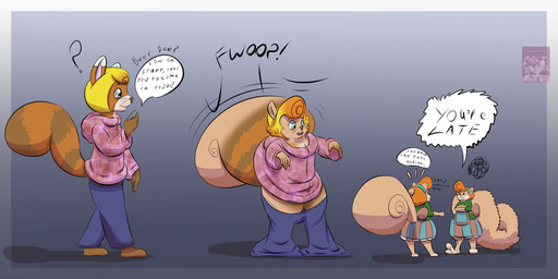 anthro bottomwear clothing dialogue dress duo female fur hair hoodie open_mouth pants ribbons shrinking simple_background size_transformation solo_focus species_transformation text topwear transformation dustyerror cassie_error ailurid mammal red_panda rodent sciurid 2019 2:1 english_text hi_res