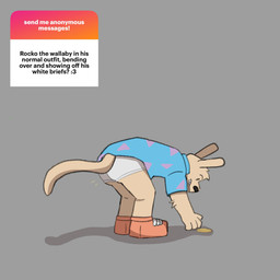 anthro bent_over blue_clothing blue_shirt blue_topwear briefs butt clothing coin footwear fur male pattern_clothing pattern_shirt pattern_topwear red_clothing red_footwear red_shoes shirt shoes solo tail tan_body tan_fur text tighty_whities topwear underwear white_briefs white_clothing white_underwear mrpawpaw nickelodeon rocko's_modern_life rocko_rama macropod mammal marsupial wallaby 1:1 english_text hi_res